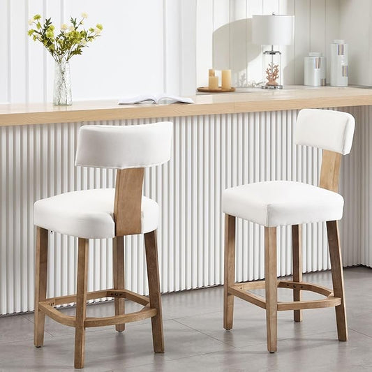 Linen Bar Stools Set of 2, Upholstered 27.7'' Counter Height Barstools with Curved Back, Farmhouse Wood Bar Chairs for Breakfast, Kitchen Island, Cafe, Cream