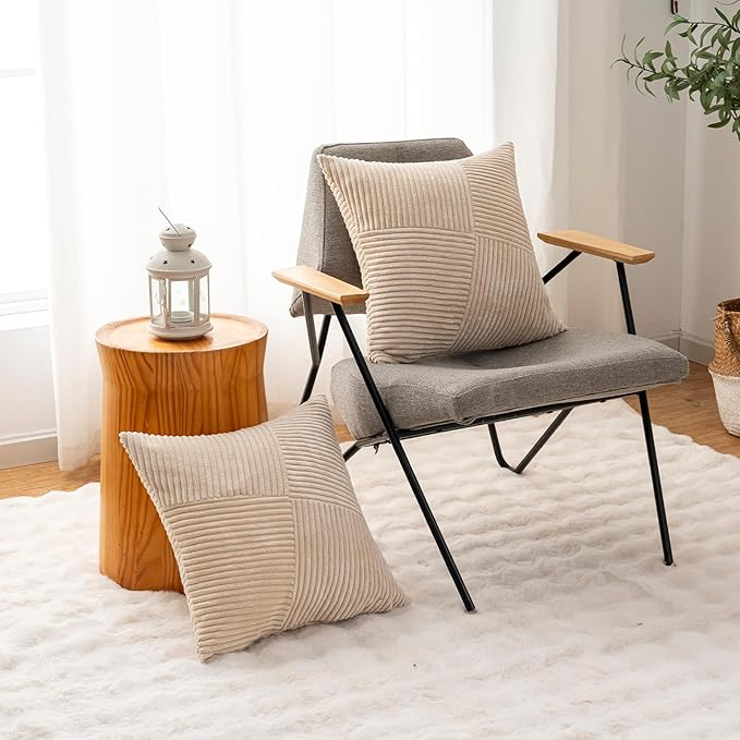 Decorative Throw Pillow Covers 20x20 Inch Set of 2 for Boho Living Room Farmhouse Home Decor, Spring Pillow Covers for Couch Bed, Soft Corduroy Striped Patchwork Cushion Cases, Tan