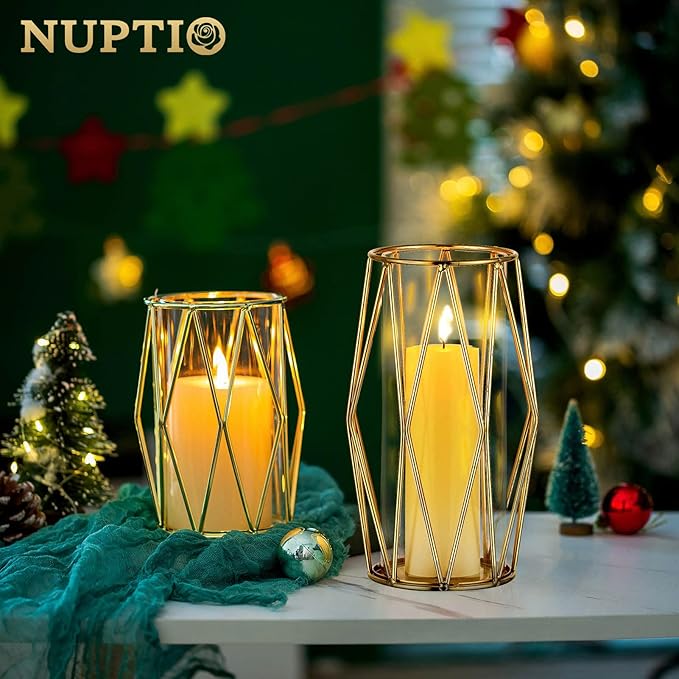 Nuptio Candle Holders for Pillar Candles - Geometric Candleholders Gold Flower Vase with Hurricane Cylinder Glass Dual Uses for Wedding Birthday Party Table Living Room Centerpieces