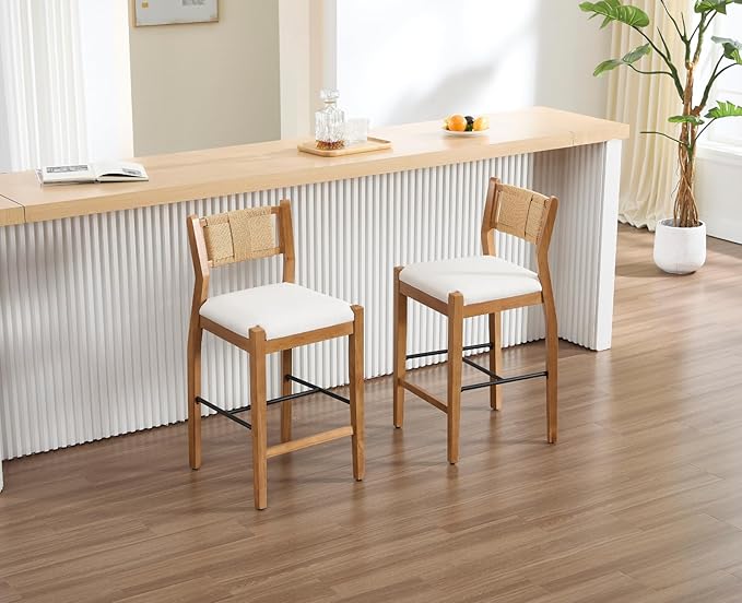 CIMOTA Rattan Counter Height Bar Stools Set of 4, 26" Farmhouse Barstools with Woven Backs, Boho Oak Wood Bar Stool Chairs Linen Upholstered Counter Stools for Kitchen Island/Counter/Bar