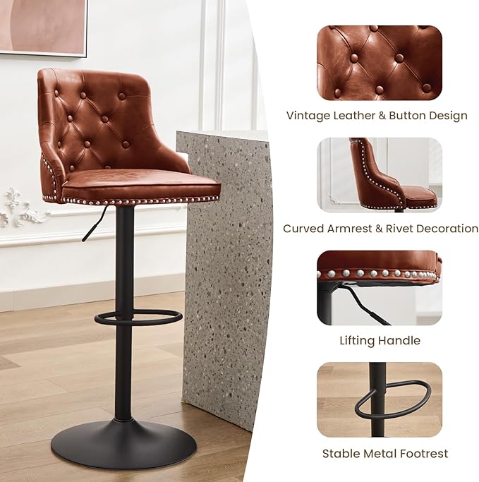 Modern Counter Stools Set of 2, Swivel Counter Height Bar Stools with Back and Armrests, 25'' to 33'' Adjustable Height PU Leather Bar Chairs with Rivets for Kitchen Island, Reddish Brown