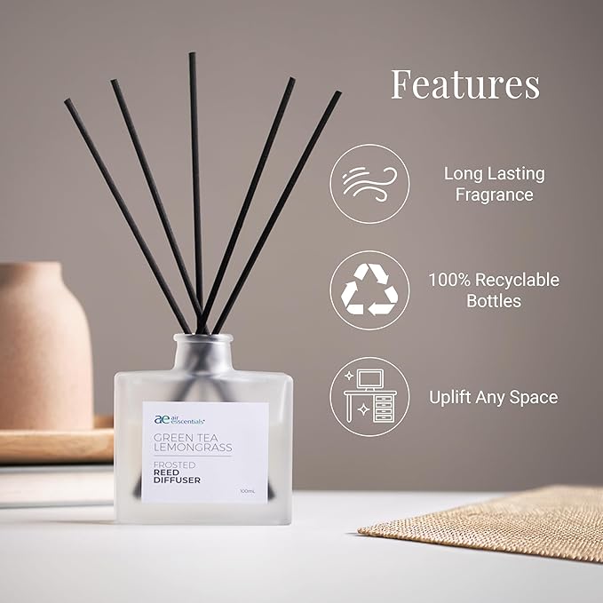 Frosted Green Tea Lemongrass Reed Diffuser Set - Decorative Fragrance Diffuser & Oil for Bathroom & Home | Long-Lasting Aroma | Natural Scent Sticks | Essential Oils, Botanicals| 100mL