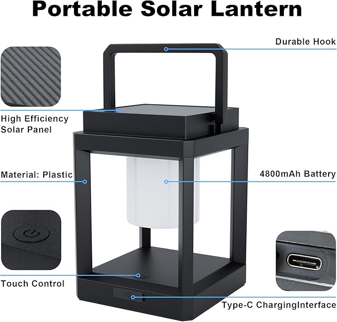 Outdoor Solar Table Lamp, 3-Level Brightness Warm LED Lantern, USB & Solar Powered Solar Lantern Waterproof, Touch Control Outdoor Lamps, Portable Cordless Lights for Patio, Balcony, Bedroom