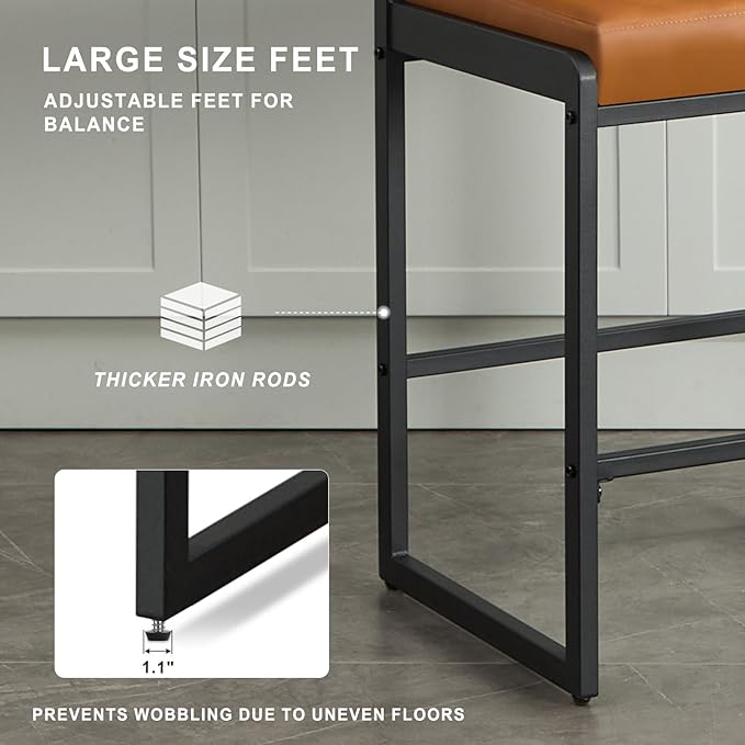 Mid Century Modern Counter Height Bar Stools Set of 3, 26" Bar Height Chairs with Backs, Upholstered Counter Stools, Metal Barstools for Kitchen Island (Brown- Faux Leather, 26"H - Set of 3)