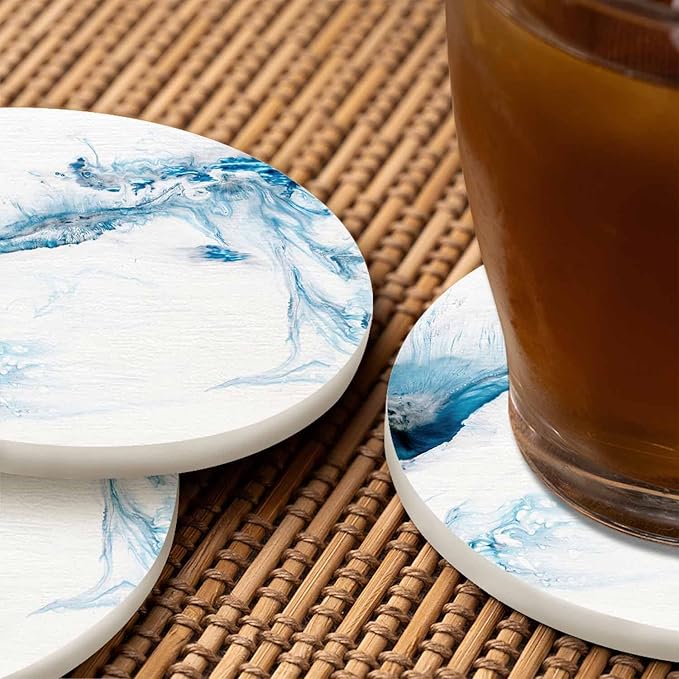 Blue Creative Liquid Coasters for Drinks 2 Pack Marble Texture Modern Contemporary Art Tabletop Protection Kitchen and Coffee Table Décor & Accessories,Set of 2