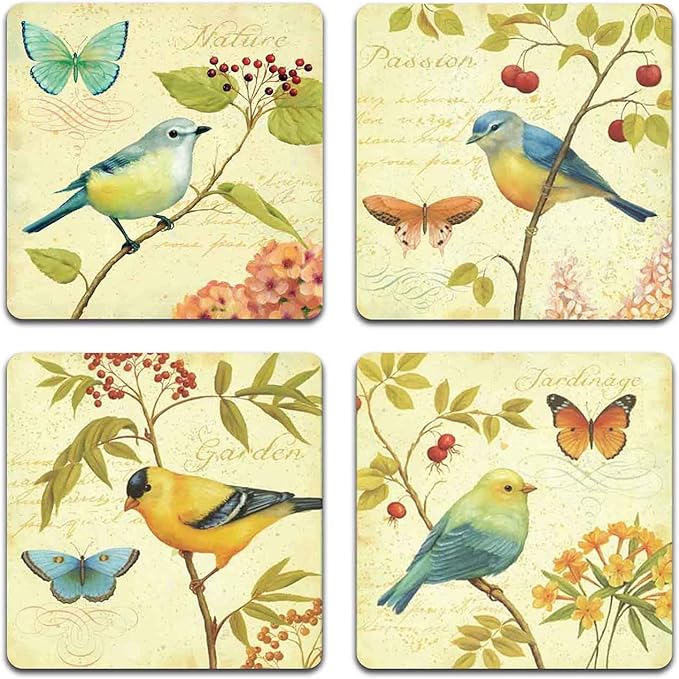 Bird and Butterfly Square Coaster Set - Made of Recycled Rubber - Set of 4