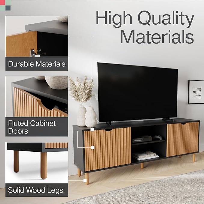 Modern Fluted TV Stand & Media Console - 70-Inch, Fluted Black & Oak - Entertainment Center for 32-80-Inch Screens with Soft-Close Doors & Cord Management
