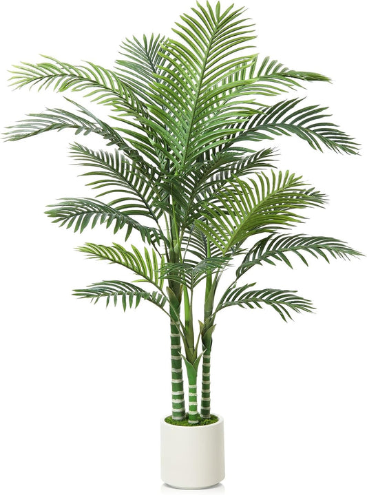 5FT Faux Golden Cane Palm Tree with White Planter and Fake Moss, Fake Tropical Plant for Home Decor Office Porch