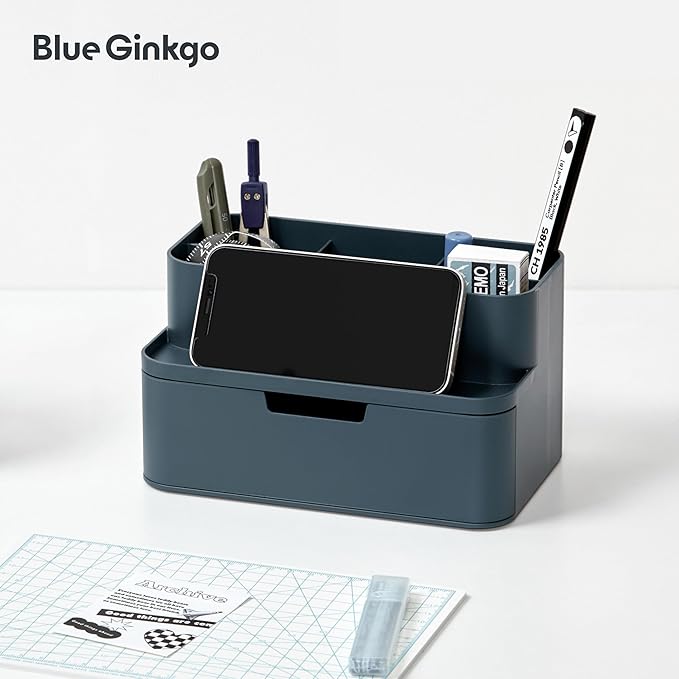 BLUE GINKGO Compact Desk Organizer – Small 5-Compartment, Half Drawer Storage – Pen Holder, Stationery Organizer for Desktop, Vanity, Shelf (Made in Korea, Blue)