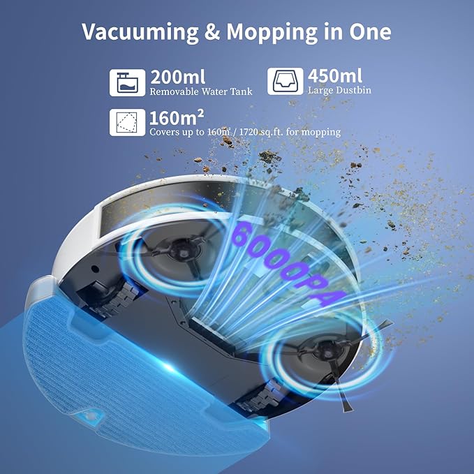 OKP Life LiDAR Robot Vacuum and Mop Combo with 450ml Visible Dustbin, 190° PSD Obstacle Avoidance, Customized Cleaning, Multi-Floor Mapping,150 Mins Runtime, WiFi/Alexa/APP, Good for Pet Hair & Carpet