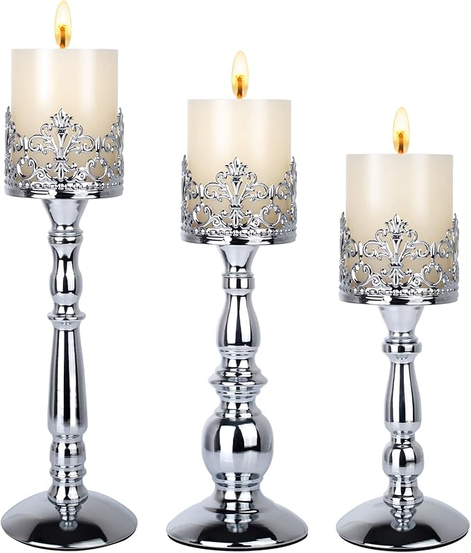 Candle Holders for Pillar Candles Set of 3 Silver Vintage Tall Candle Holders Decorative Large Table Centerpieces Candle Stand Decor