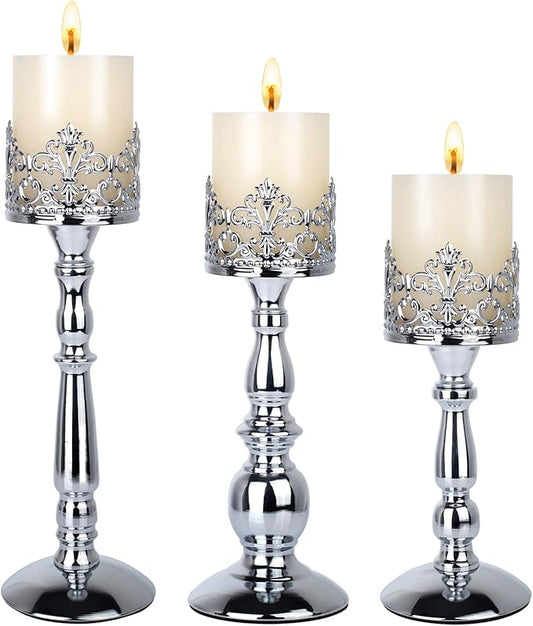Candle Holders for Pillar Candles Set of 3 Silver Vintage Tall Candle Holders Decorative Large Table Centerpieces Candle Stand Decor
