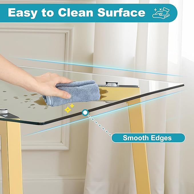 Dining Table for 6 Kitchen Table 51" Rectangular Modern Glass Dining Table Kitchen & Dining Room Tables with Glass Tabletop and Metal Legs for Dining Room and Kitchen, Gold