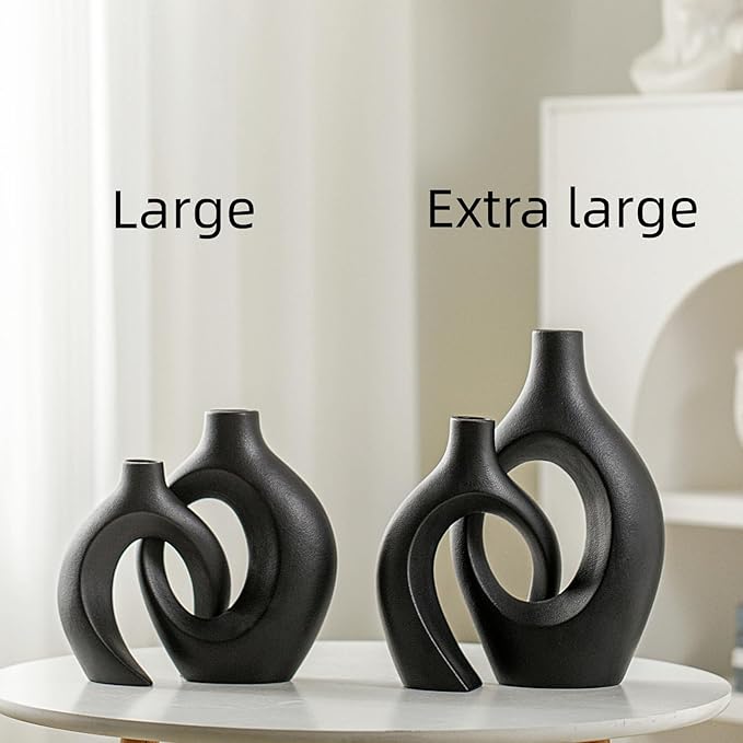 XL Black Ceramic Vase Set of 2 for Modern Home Decor, Neutral Boho Round Donut Pampas Grass Vases, Nordic Aesthetic Vase, for Living Room Coffee Table Fire Place Book Style Shelf (H 11.1")