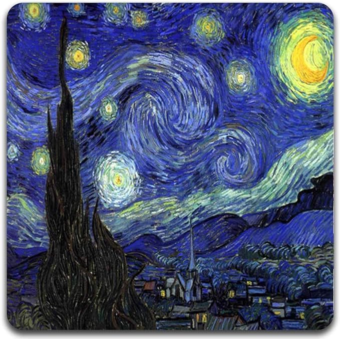 Van Gogh Style Watercolor Painting Square Coaster Set - Made of Recycled Rubber - Set of 4