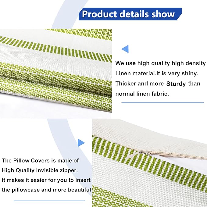 Decorative Throw Pillow Covers Set of 2 Grass Green Boho Striped Pillow Covers 18x18 Inch Throw Pillow Cover Linen Pillowcase Farmhouse Outdoor Pillow Covers for Couch Sofa Living Room