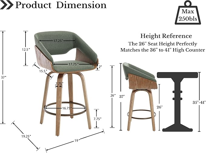 HNY 26 Inch Swivel Bar Stools with Back Set of 6, Green Linen Upholstered Counter Height Barstools with Solid Bentwood Frame, Round Footrest, Modern Barrel Counter Stools for Kitchen Island, Home Bar