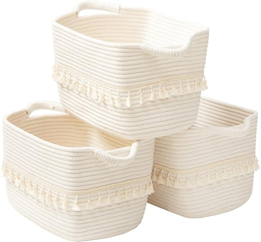 TeoKJ White Cotton Rope Baskets for Storage, Set of 3 Woven Clothes Basket for Organizing and Storage, Blanket Basket for Living Room Laundry Bathroom Shelves