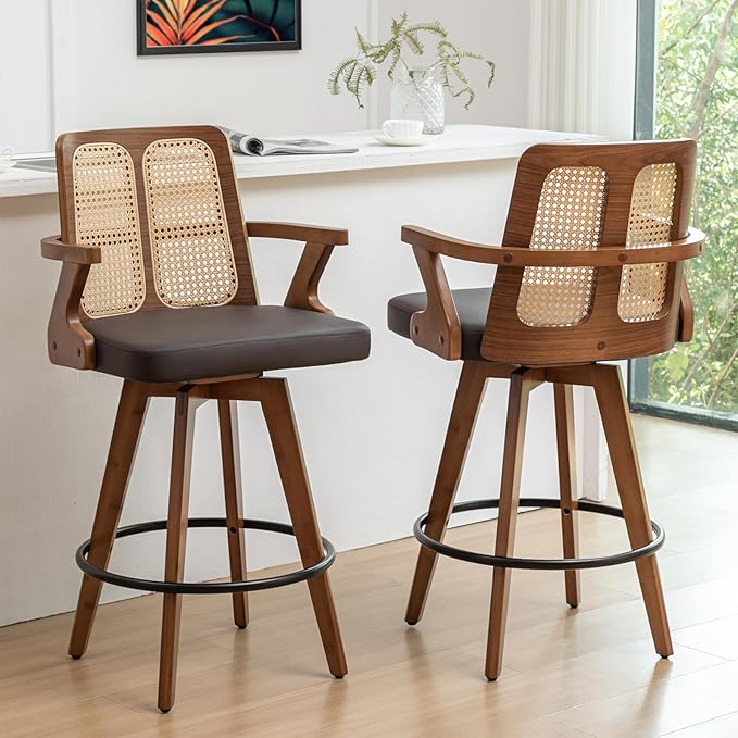 Set of 2 Swivel Counter Height Bar Stools - 27 inch Walnut Counter Stool with Cane Back, Upholstered Seat, Curved Arms, Faux Leather Counter Stools for Island/Pub/Kitchen (27" Seat Height, Brown)