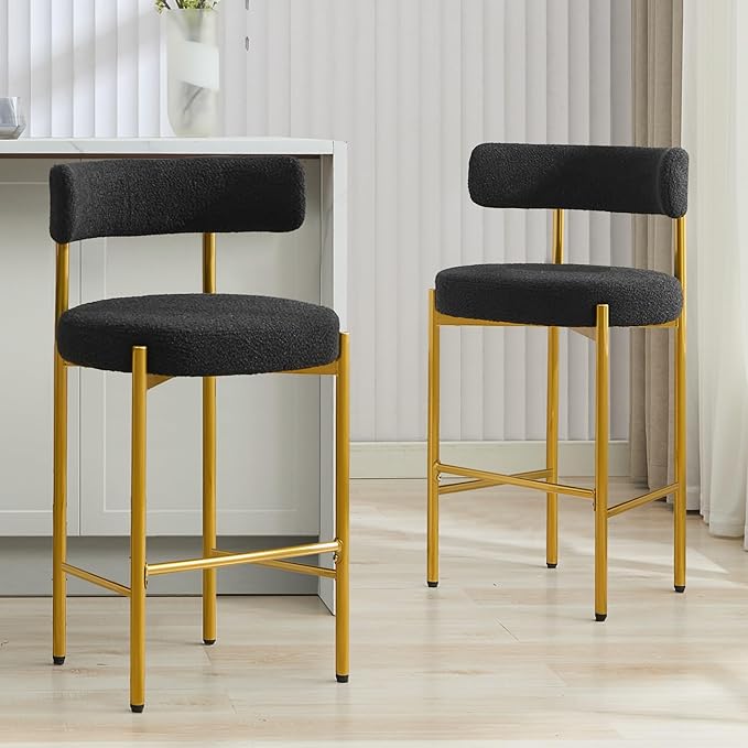 28'' Boucle Bar Stools Set of 2, Black Bar Stools with Backs, Bar Height Stools for Kitchen Island, Upholstered Bar Chairs with Gold Legs