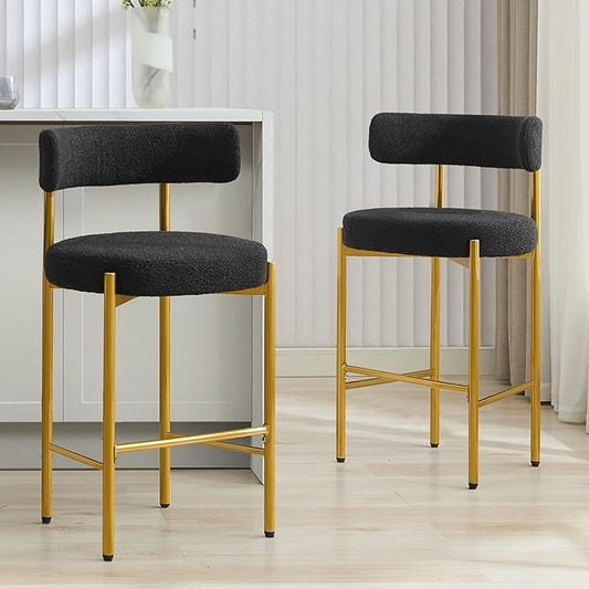 28'' Boucle Bar Stools Set of 2, Black Bar Stools with Backs, Bar Height Stools for Kitchen Island, Upholstered Bar Chairs with Gold Legs