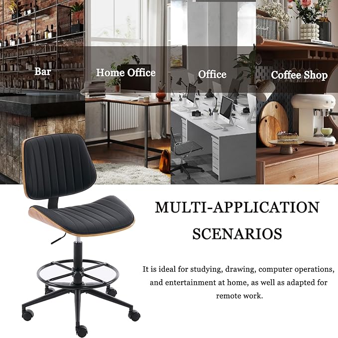 Drafting Home Office Chair, Swivel Desk Chair with Bend Wood Backrest, Ergonomic Office Chairs with Adjustable Height and Footrest Ring for Bar Lab Counter Height Desk and Drawing, Black