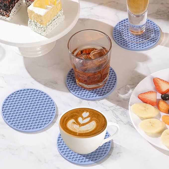 Silicone Coasters Set of 8 with Holder,Coasters for Drinks,Beer,Coffee Coasters,Suitable for Kinds Cups,Hot or Cold,Anti-SLI,Non-Stick,Anti-Overflow Tabletop Protection and Decor (8 Pcs, Blue)