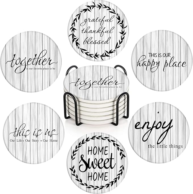 Britimes Coaster for Drinks Set of 6, White Old Wood Wooden Board Table Absorbent Round Ceramic Stone Mat, with Cork Base and Metal Holder, Gift for Housewarming Room Bar Decor