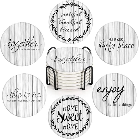 Britimes Coaster for Drinks Set of 6, White Old Wood Wooden Board Table Absorbent Round Ceramic Stone Mat, with Cork Base and Metal Holder, Gift for Housewarming Room Bar Decor