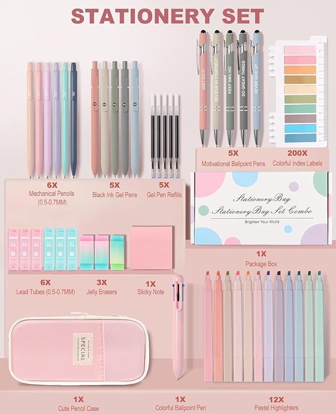 56 PCS Aesthetic School Supplies with Large Pencil Case, 5 Inspirational Ballpoint Pens, 12 Pastel Highlighters, 5 Black Ink Gel Pens, 6 Mechanical Pencils 0.5-0.7mm Student Essentials (Pink)