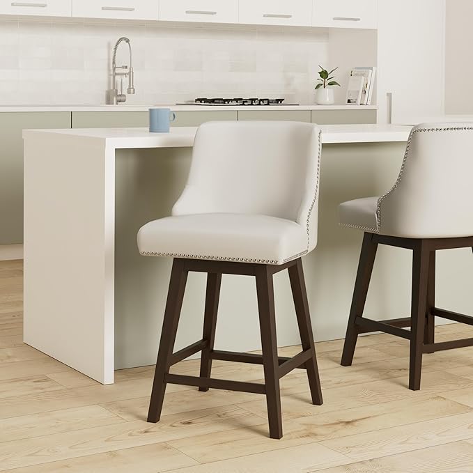 CHITA Counter Height Swivel Bar Stools, FSC Certified Upholstered Counter Stools, Modern Swivel Barstools with Wood Legs for Kitchen Island, 26" Seat Height, Faux Leather in White
