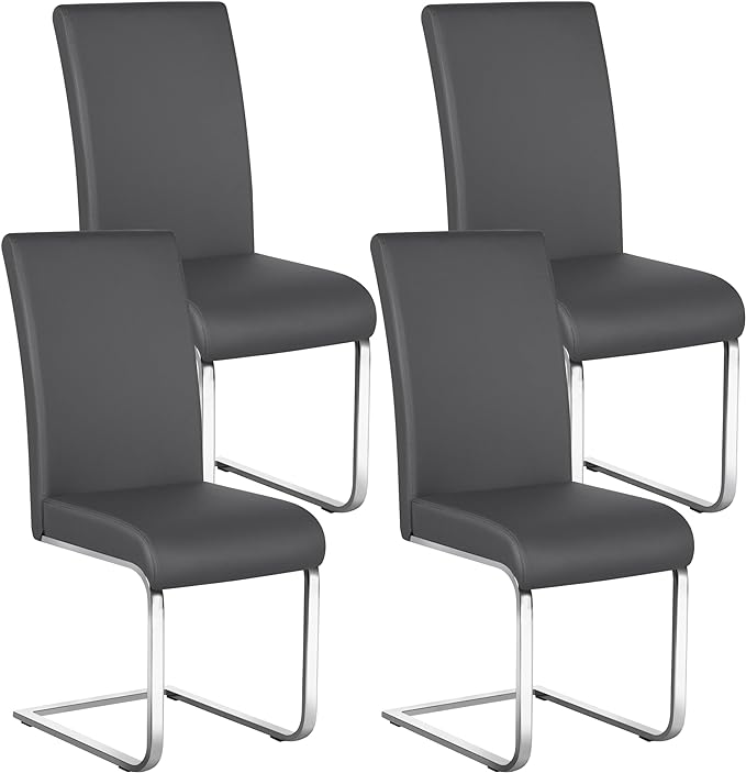 Yaheetech Dining Chairs Set of 4 Modern Faux Leather Upholstered Dining Room Chairs with High Back and Metal Chrome Legs for Kitchen/Living Room/Restaurant, Dark Gray