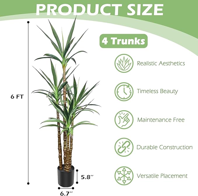 Artificial Trees 72 Inch/ 6Ft Faux Tree 4 Trunks Agave Plant, Tall Fake Plant with Plastic Pot for Home Decor, Office Decor