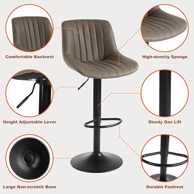 Bar Stools Set of 2, Swivel Counter Height Barstools with Back, Adjustable Faux PU Leather Bar Chairs, Modern Armless Kitchen Island Stool, Brown