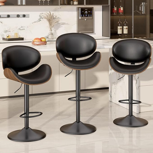 Swivel Bar Stools Set of 3, Seat Adjustable Height 23.5-32.5IN Bentwood Barstools with Back & Footrest, PU Leather Upholstered Counter Height Bar Chairs for Bar Kitchen Dining Room,Black