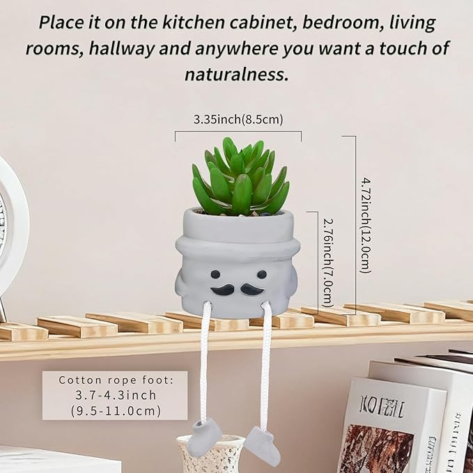 Cute Artificial Succulent Plant in Cement Pot with Hanging Legs, Mini Faux Succulent Decor for Kitchen Shelves, Bathroom Wall Shelf - Fake Small Plant for Home & Office Desktop, Shelf Accents