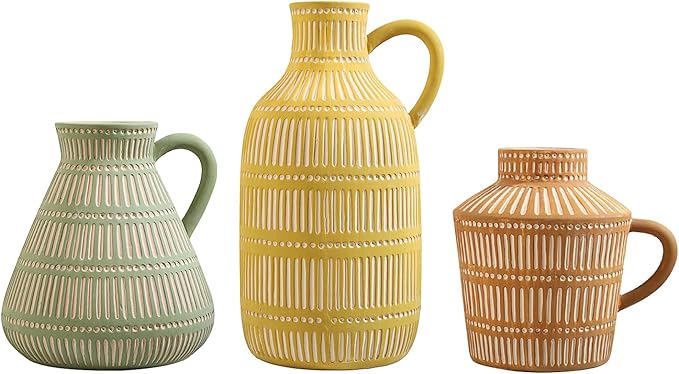 Boho Ceramic Vase Set of 3 for Living Room Bedroom Modern Yellow Brown Green Fake Flower Plant Vases for Home Decor Office Centerpieces Antique Retro Rustic Farmhouse Vintage Classic Gift