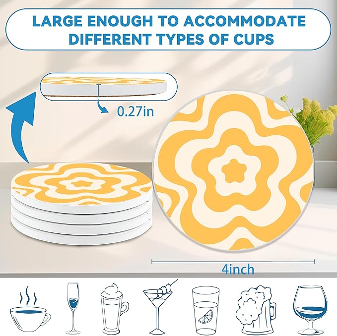 Drinks Coasters Set of 4, Groovy Wave Pattern Round 4" Cup Coasters, Absorbent Ceramic Stone Coasters with Cork Base, Cute Coasters for Table Home Décor, Ideal Gifts for Women Men