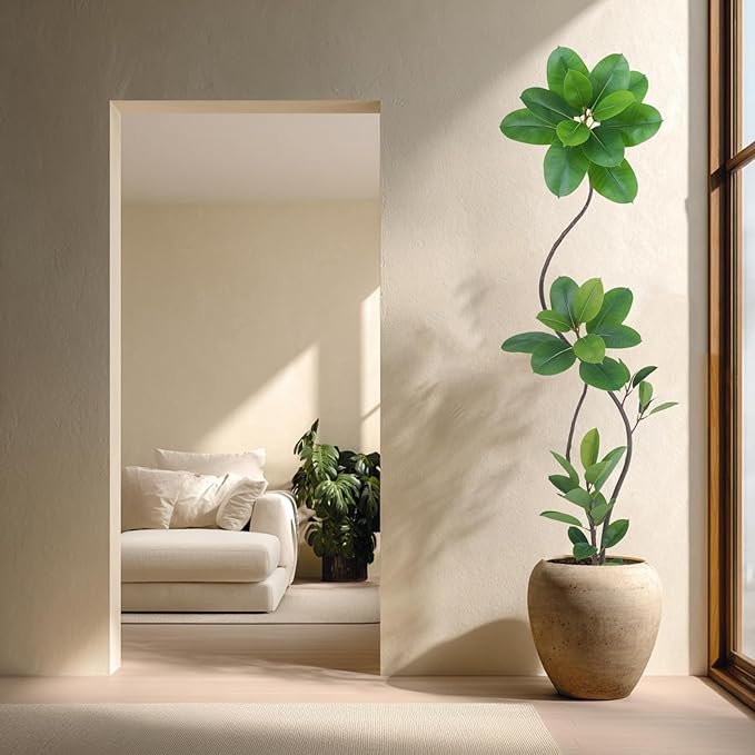 Artificial Rubber Tree Plant, 78 Inch Indoor Tree, Green with Round Planter, All Season Home Decor (Green,6.5ft)