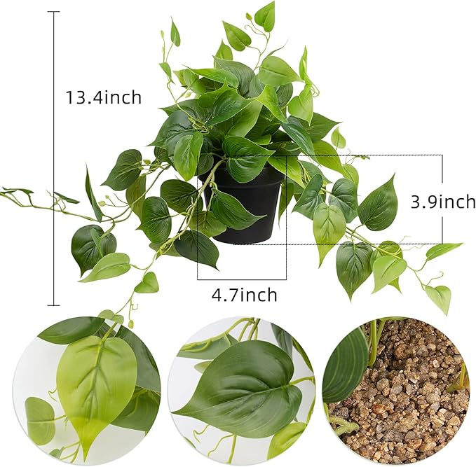 LOYWREE Faux Pothos Indoor Green Realistic Artificial Potted Plants Fake Plant Greenery for Home Office Garden Decoration - Black Pot