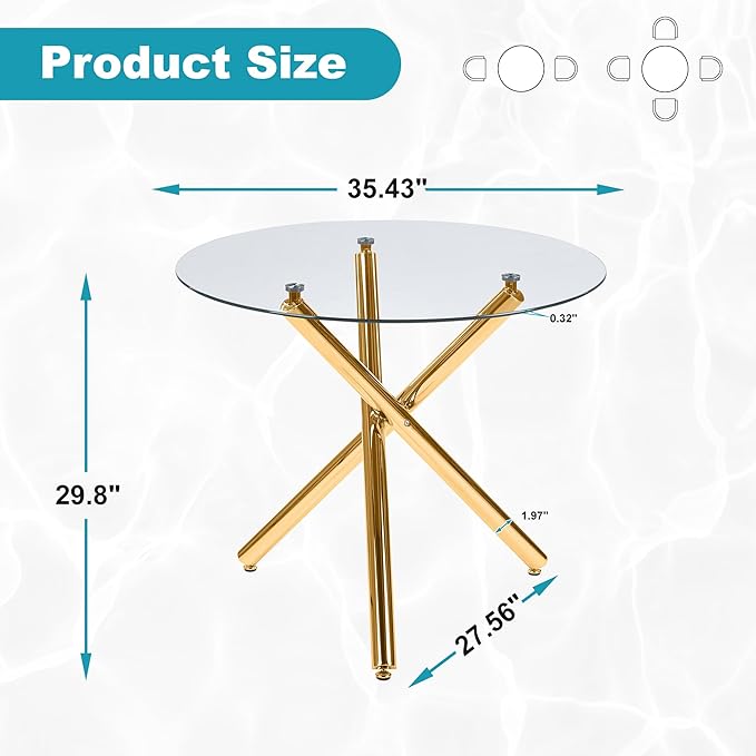 Kitchen Table Classic Dining Table for 4 Round Glass Dining Table 35.4" Kitchen & Dining Room Tables with Metal Legs and Glass Tabletop for Dining Room and Apartment, Golden