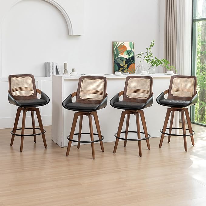 Set of 4 Counter Height Bar Stools - 26.4 inch Swivel Counter Stools with Cane Back, Upholstered Seat, Curved Arms, Rattan CounterStools for Island/Pub/Kitchen/Cafe (26" Seat Height, Black)
