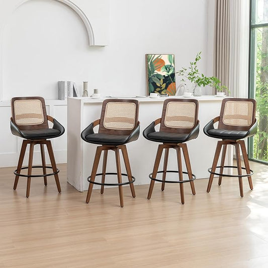 Set of 4 Counter Height Bar Stools - 26.4 inch Swivel Counter Stools with Cane Back, Upholstered Seat, Curved Arms, Rattan CounterStools for Island/Pub/Kitchen/Cafe (26" Seat Height, Black)