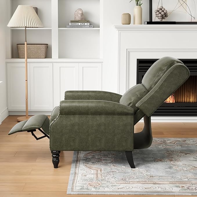 Leather Recliner Chair, Pushback Recliner with Adjustable Backrest Footrest, Mid Modern Reclining Chair with Overstuffed Arms Lumbar Support for Reading, Living Room, Green