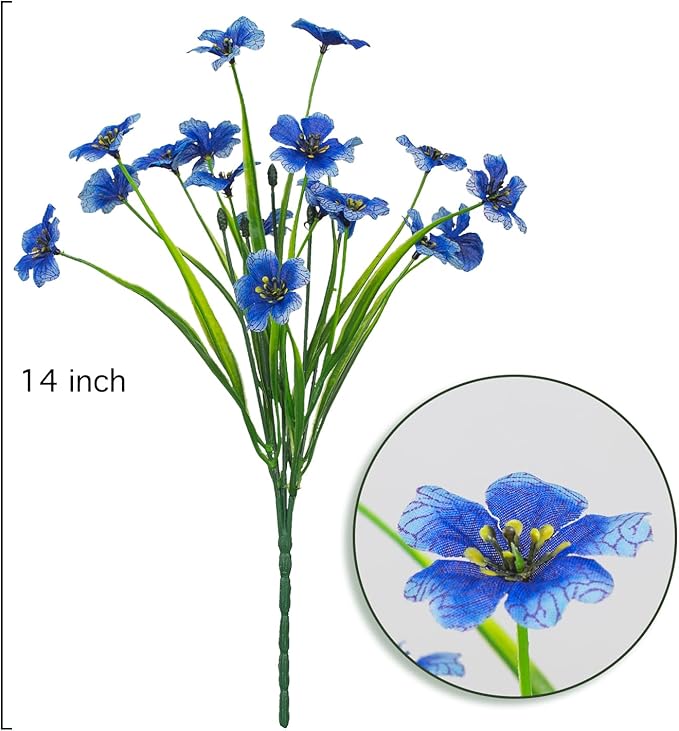 Outdoor Artificial Flowers 21 UV Resistant Bundles Fake Flower Plastic Plants Faux Silk Flowers Porch Hanging Garden Porch Window Box Decorating (Blue)