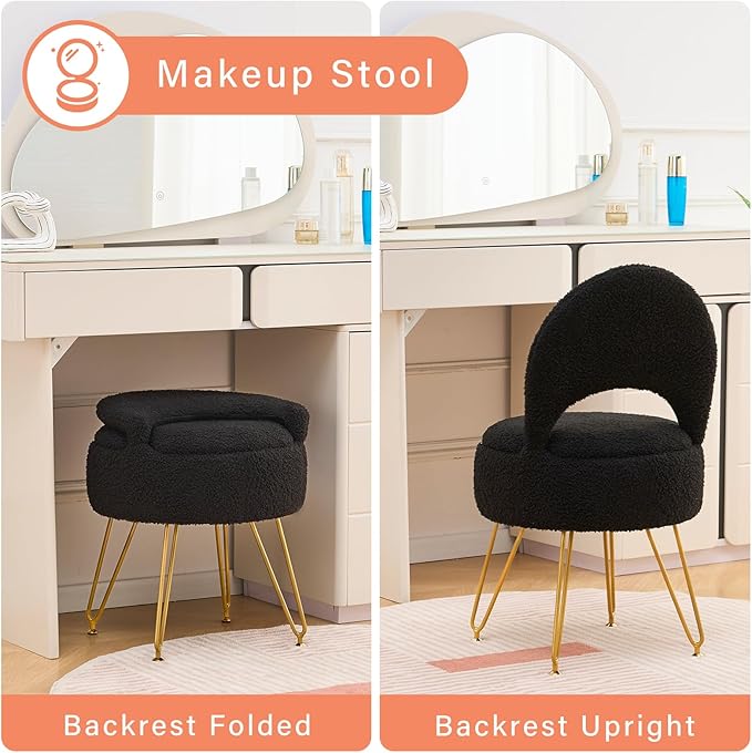 Storage Ottoman Vanity Stool Chair with Folding Back Teddy Velvet Makeup Chair Multifunctional Upholstered Footstool for Bathroom Vanity Bedroom Living Room Entryway