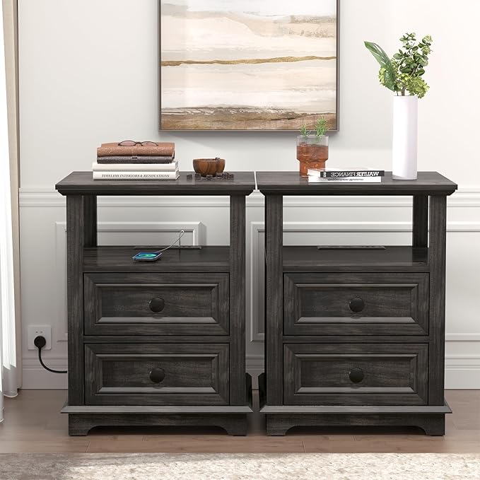 End Table with Fast Charging Station Set of 2, 18" Wide Sofa Side Table with Drawers, Large Storage Rustic Wood Square Storage Cabinet for Living Room