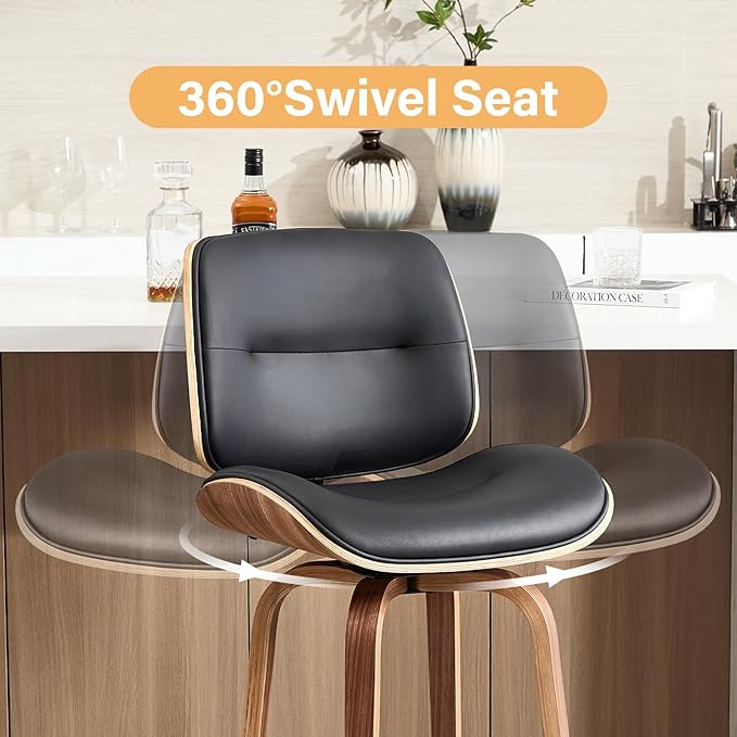 Mid Century Modern Bar Stools Set of 1, 29.5'' Bar Height Swivel Stools with Bentwood Legs, Faux Leather Upholstered Bar Chairs with Footrest for Kitchen Island & Countertops, Black