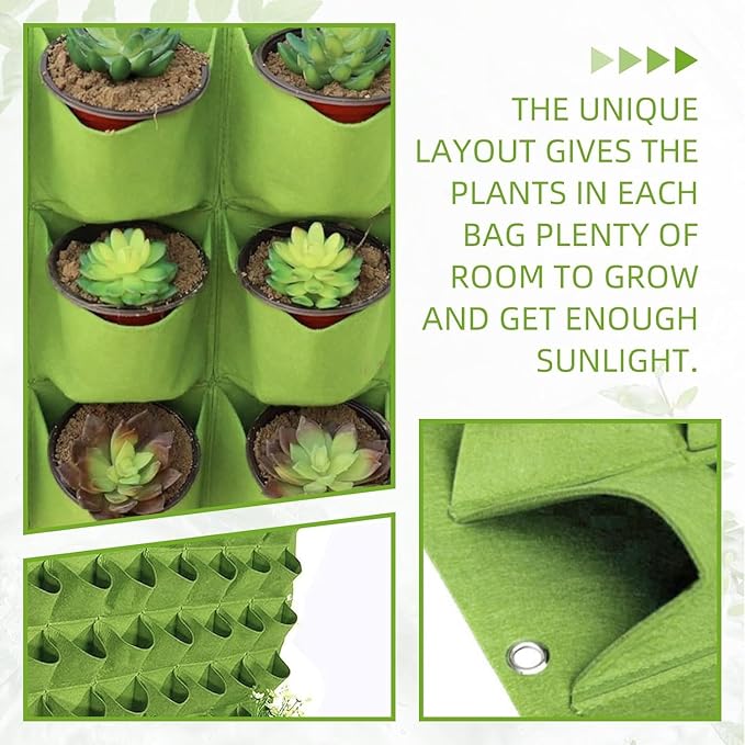 18 Pockets Hanging Grow Bags, 2 Pack Horizontal Wall Planter Plant Grow Bags Outdoor Indoor Hanging Planter for Balcony/Railing/Fence/Yard/Garden/Home Decoration, Green