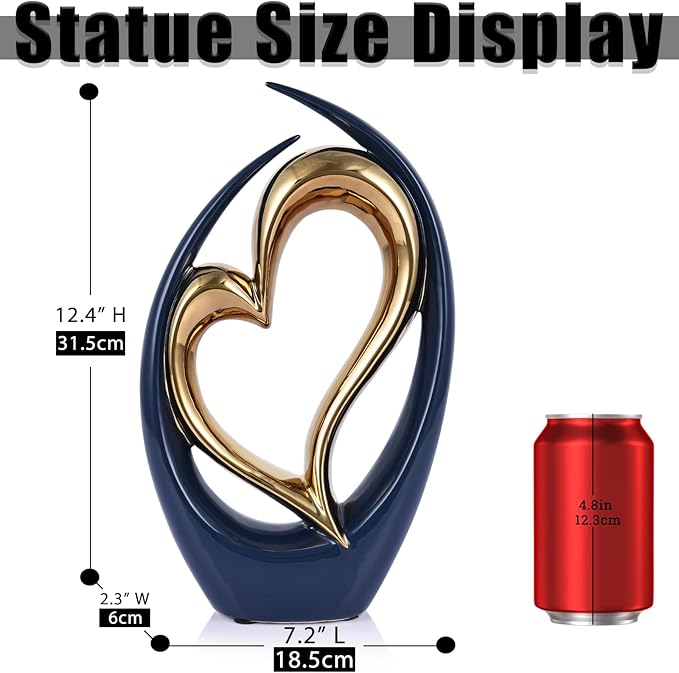 Ceramic Heart Decor Love Statue, Navy Blue Gold Double Hearts Sculptures for Home Table Centerpiece Decor, Valentine, Wedding, Decorative Items for Shelves, Coffee Table Decor (Hug Heart-Tall)